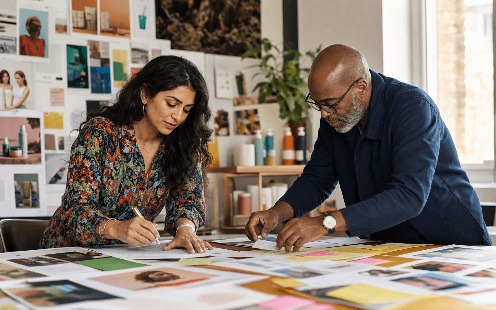 Product marketing team sorting customer notes and campaign concepts in a creative studio.