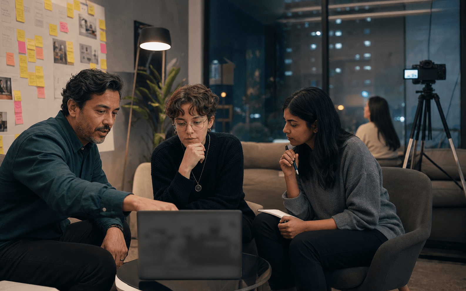 Product team observing a user research session and reviewing notes together.