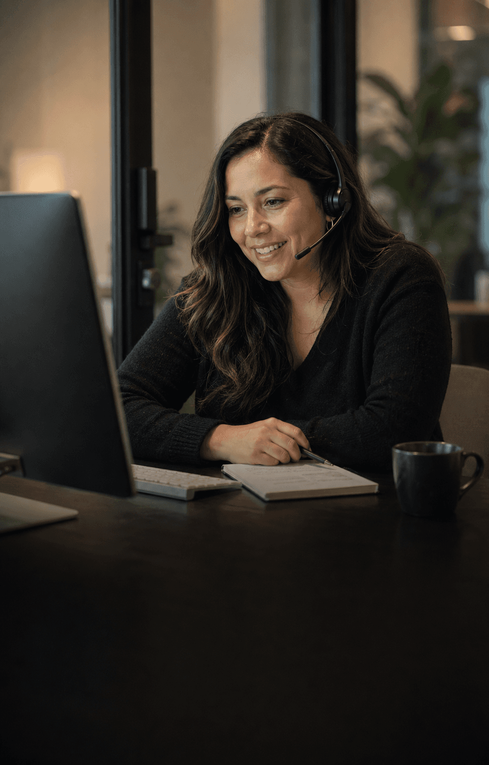 Customer success manager on a headset reviewing customer notes during a support conversation.